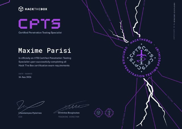 Certificat Hack The Box Certified Penetration Testing Specialist délivré à Maxime Parisi le 16 juin 2026